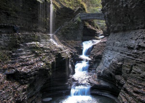 uitkijkbrug en waterval in Watkins Glen State Park | Finger Lakes